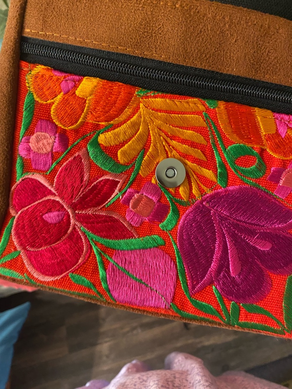 Hand-Embroidered Floral Crossbody Bag in Pink & Orange - Picture 6 of 10